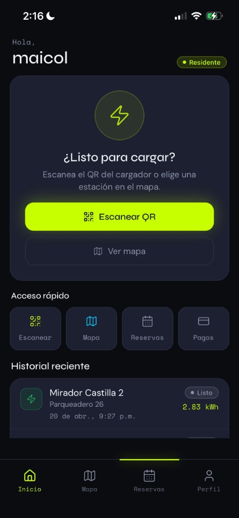 Voltpath — pantalla principal con QR y accesos rápidos
