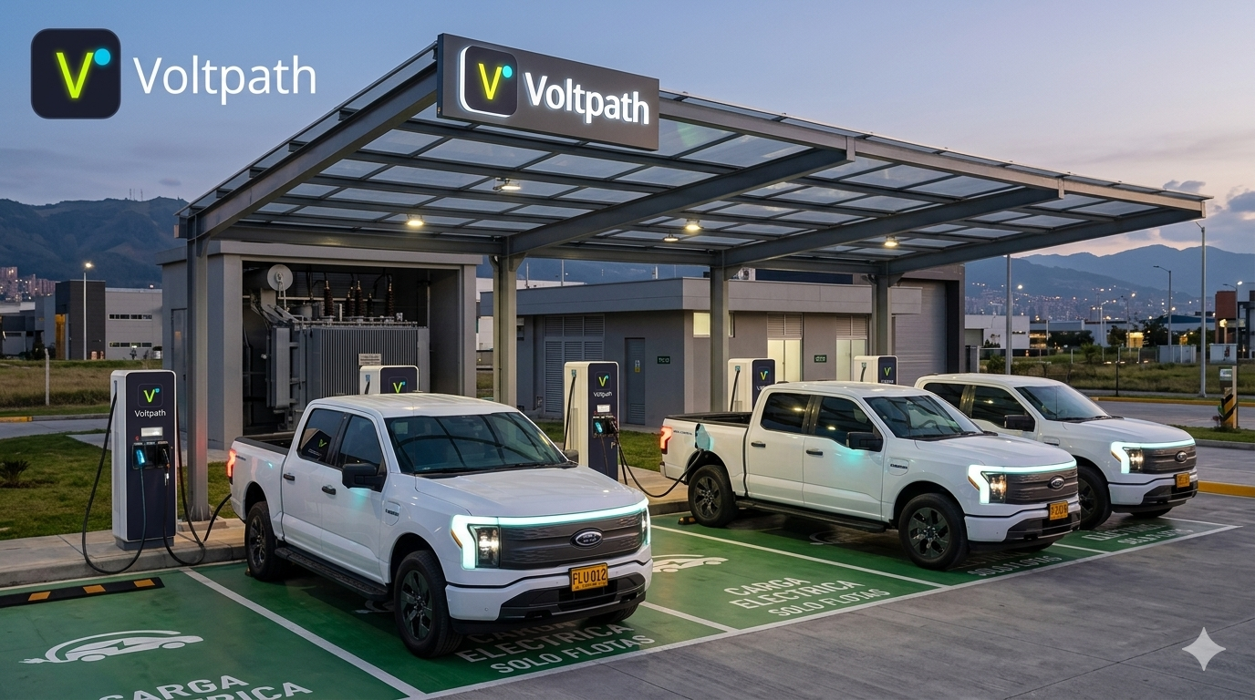 Flota corporativa de vehículos eléctricos cargando en sede
