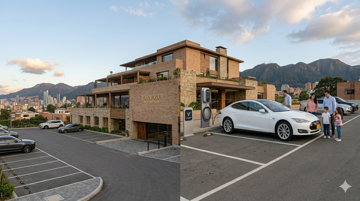 Cargadores EV en parqueadero de hotel premium en Colombia